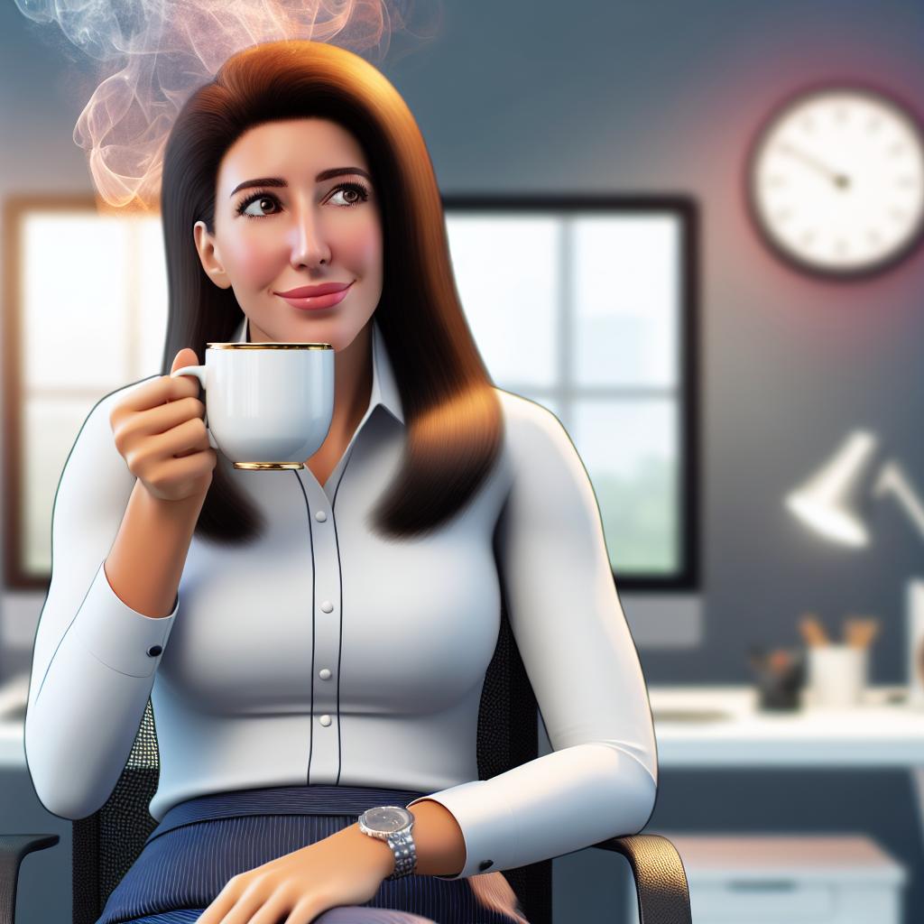 Make a picture of a female ecommerce director enjoying a cup of coffee