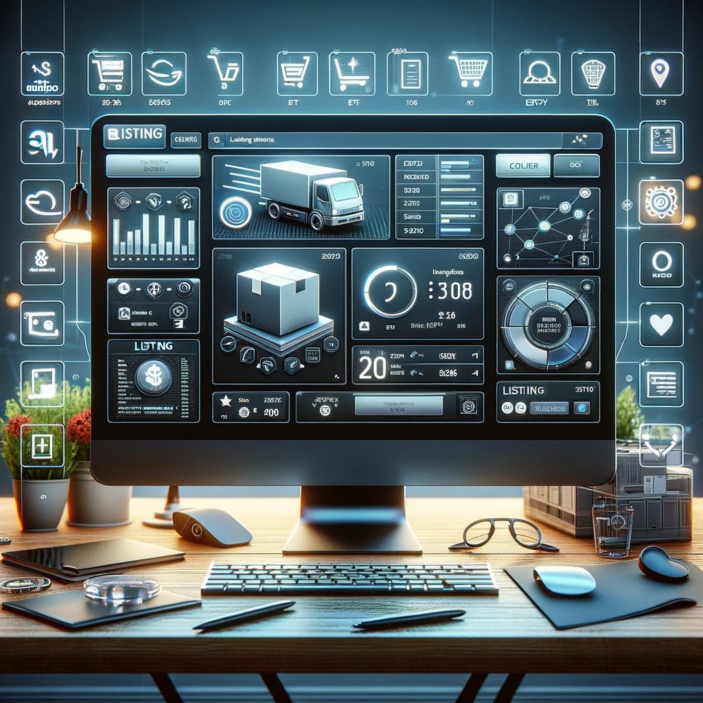 DALL·E 2024-05-02 16.13.36 - An image depicting a digital workspace with a computer screen displaying an ecommerce website. The computer screen shows a user interface of listing s